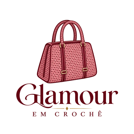 Novo logotipo Glamour em Crochê, com bolsa rosé e assinatura vinho